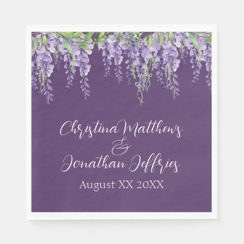 Romantic Watercolor Wisteria on Dark Purple Napkins