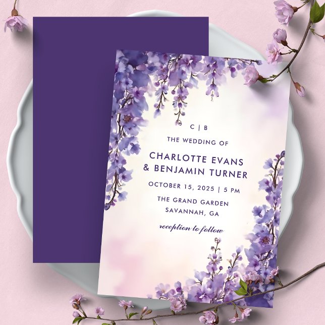 Romantic Watercolor Wisteria Purple Garden Wedding Invitation (Creator Uploaded)