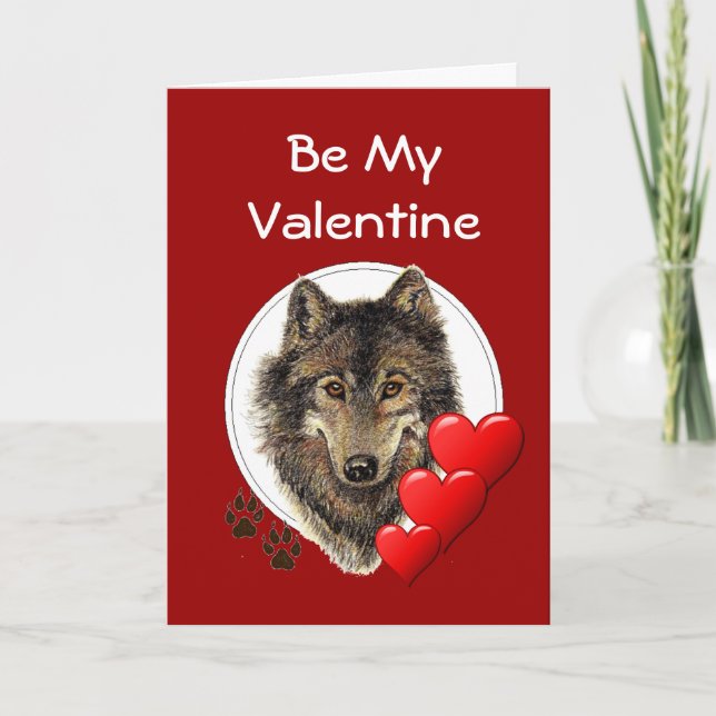 Romantic  Watercolor Wolf Valentine Holiday Card (Front)