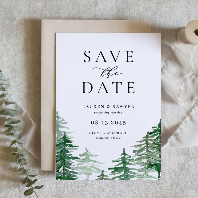 Romantic Watercolor Woodland Forest Save The Date (Customizable woodland save the date announcement featuring watercolor forest scenery)