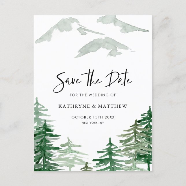 Romantic Watercolor Woodland Forest Save the Date Announcement Postcard (Front)