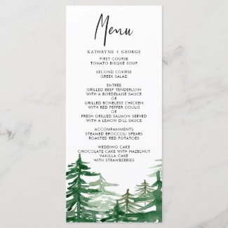 Romantic Watercolor Woodland Wedding Menu Card