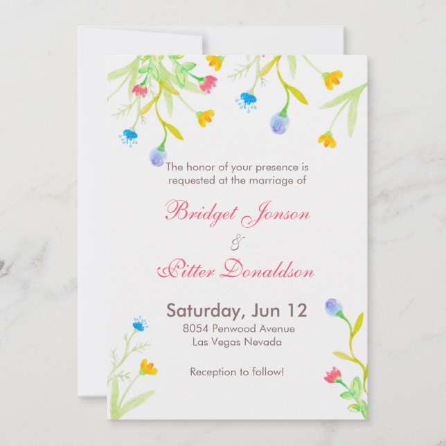 Romantic Watercolors Colorful Flowers Wedding Invitation (Front)