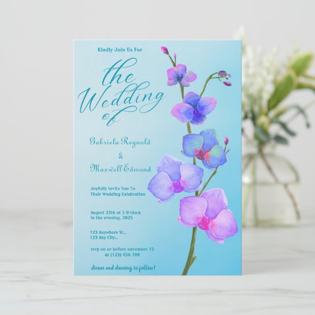 Romantic Watercolour Blue Orchids Floral Wedding Invitation (Standing Front)