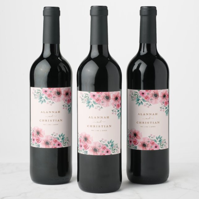 Romantic Watercolour Floral Wedding Personalized Wine Label (Bottles)