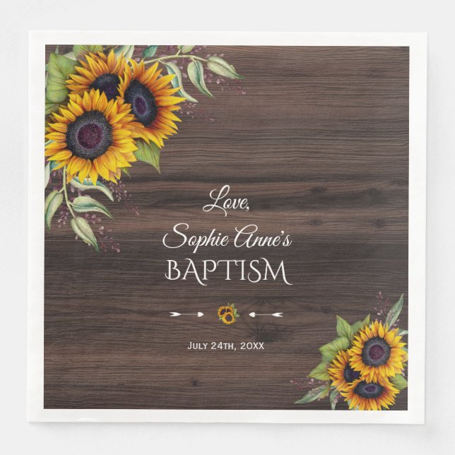Romantic Watercolour Sunflowers Wood Baptism Paper Dinner Napkins (Front)