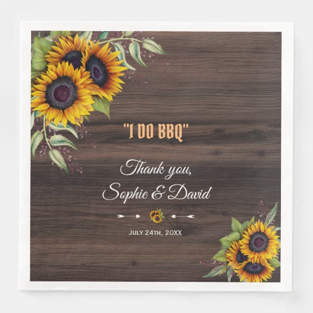 Romantic Watercolour Sunflowers Wood Wedding Paper Dinner Napkins (Front)