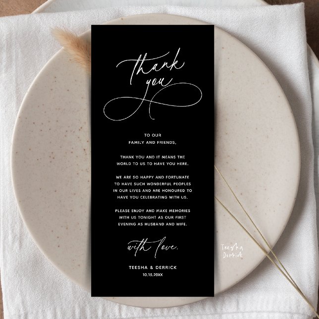 Romantic Wed Dinner Place Setting Thank You Card (Romantic Wedding Place Setting Thank You Card in Classy Black)