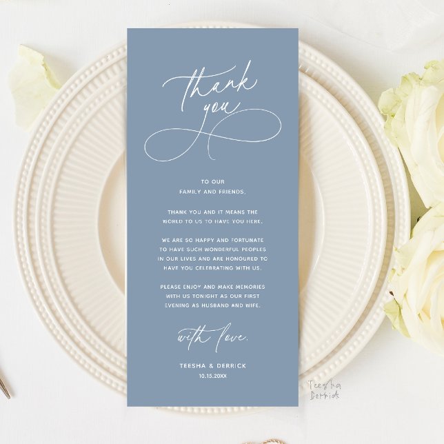Romantic Wed Dinner Place Setting Thank You Card (Romantic Wedding Place Setting Thank You Card in Dusty Blue)