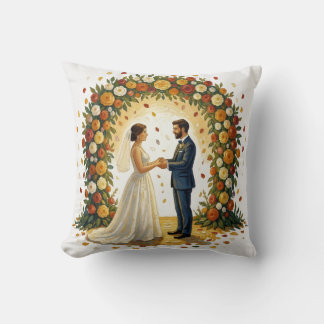 Romantic Wedding Arch Golden Roses Couple Throw Pillow