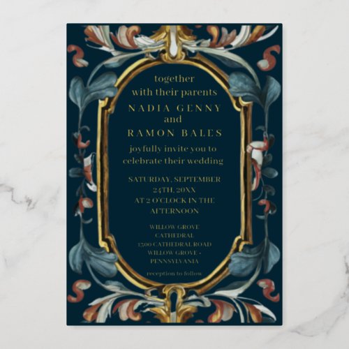 Romantic wedding art nouveau gold foil invitation