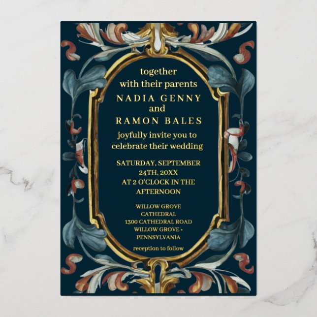 Romantic wedding art nouveau gold foil invitation (Front)