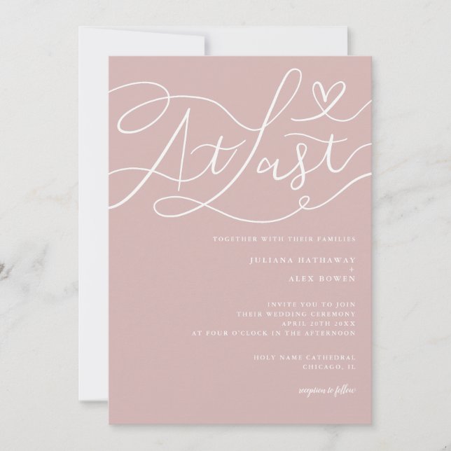 Romantic Wedding At Last Calligraphy Pink Invitation (Front)