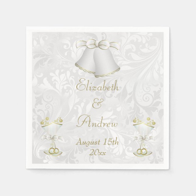 Romantic Wedding Bells & Champagne Flutes Paper Napkins (Front)