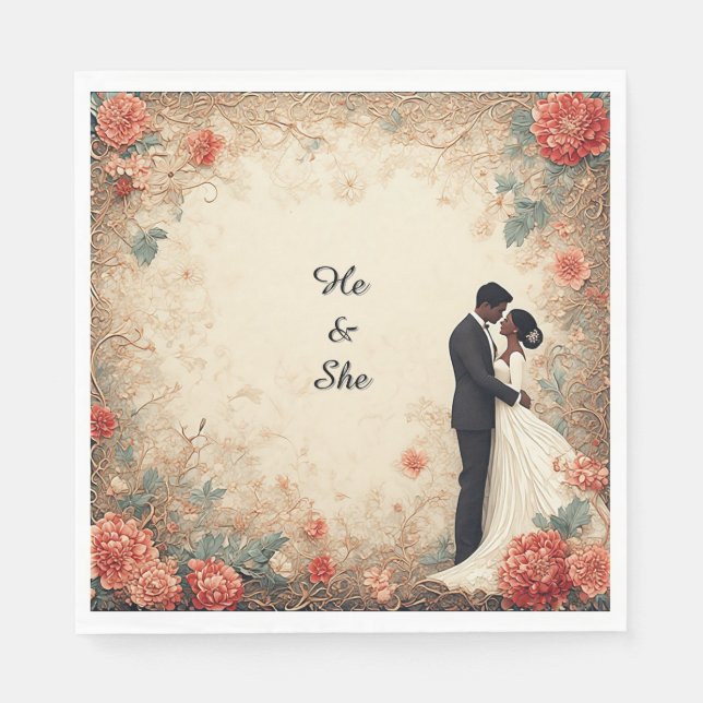 Romantic Wedding Couple Botanical Bridal Table Napkins (Front)