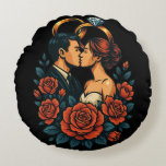 Romantic Wedding Couple Round Pillow<br><div class="desc">Elevate any living space with this beautiful round throw pillow, showcasing a heartwarming illustration of a wedding couple framed with delicate florals and symbolic wedding rings. Designed in a vibrant, semi-realistic vector art style, the centered composition and bold modern palette make it pop — whether displayed on a couch, bed,...</div>