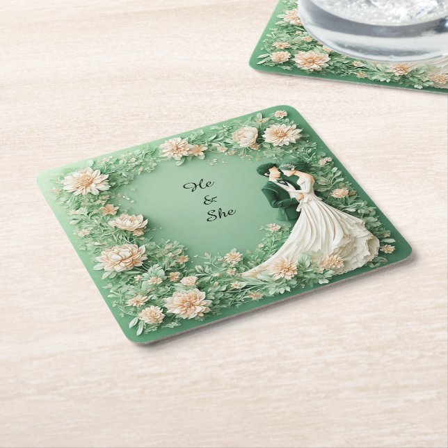 Romantic Wedding Couple Square Paper Coaster (Angled)