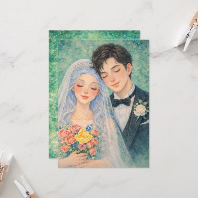 Romantic Wedding Couple Watercolor Illustration Invitation (Front/Back In Situ)