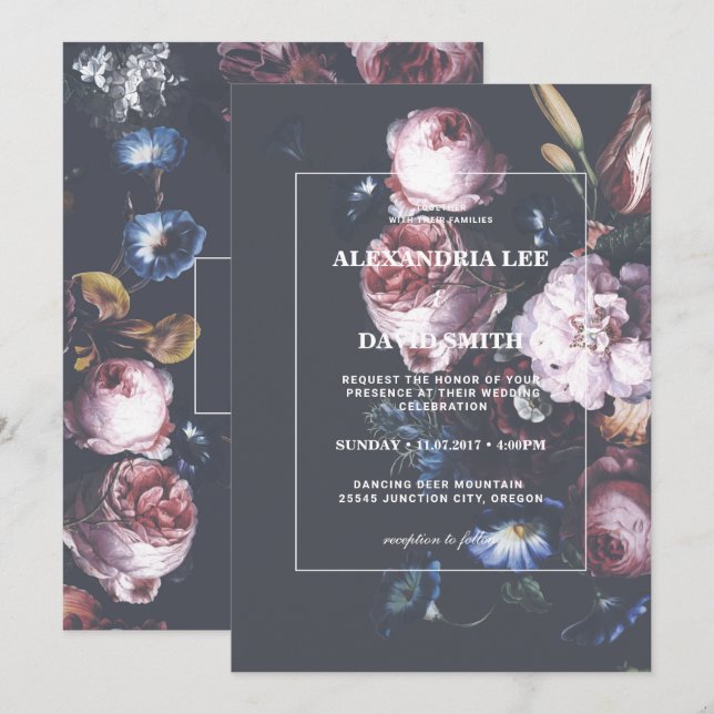 Romantic Wedding Dark Black Moody Pink Florals Invitation (Front/Back)