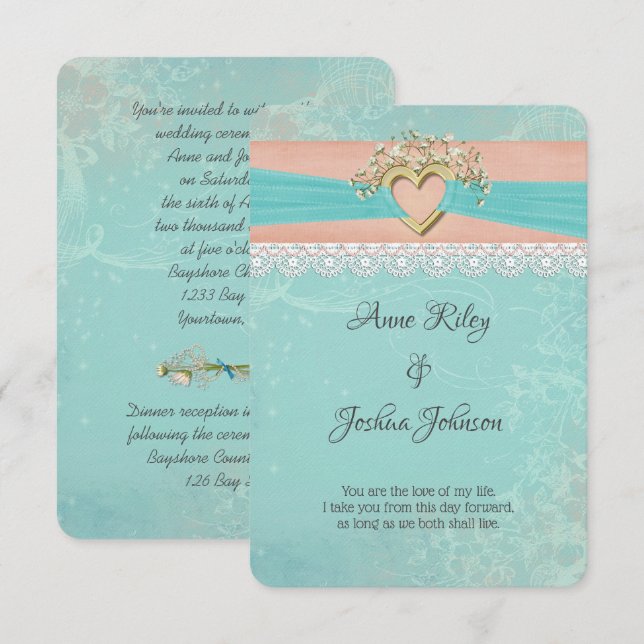 Romantic Wedding Heart and Ribbon Invitation (Front/Back)