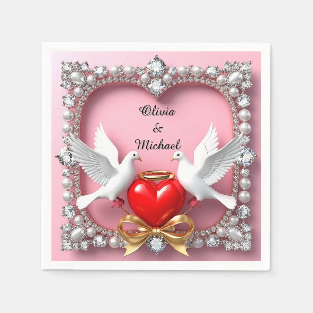 Romantic Wedding Heart Frame with Doves Napkins (Front)