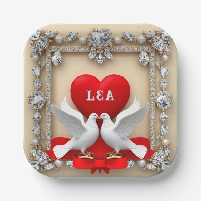 Romantic Wedding Heart Frame with Doves Paper Plates (Front)