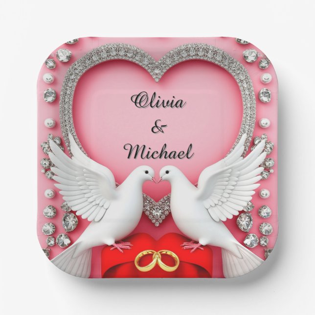 Romantic Wedding Heart Frame with Doves Paper Plates (Front)