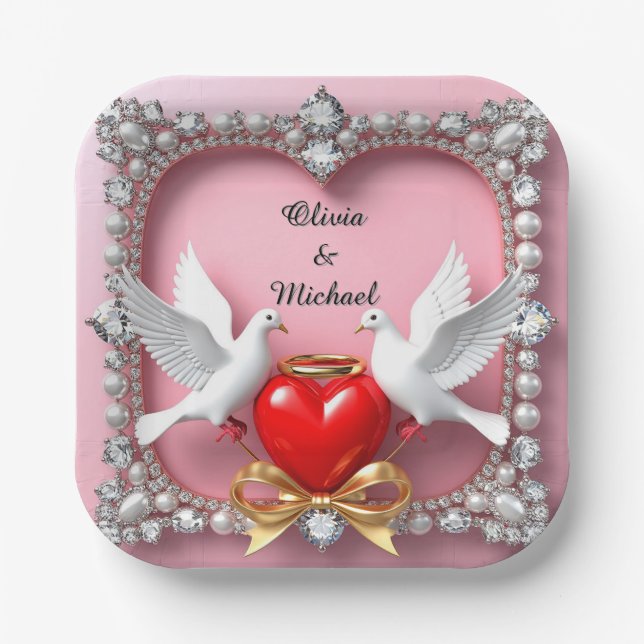 Romantic Wedding Heart Frame with Doves Paper Plates (Front)