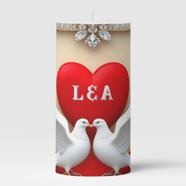 Romantic Wedding Heart Frame with Doves Pillar Candle (Front)