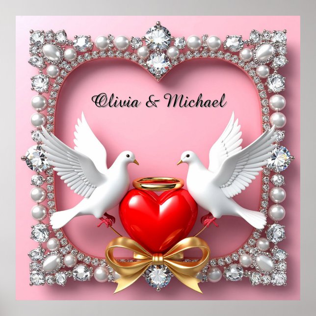 Romantic Wedding Heart Frame with Doves Poster (Front)