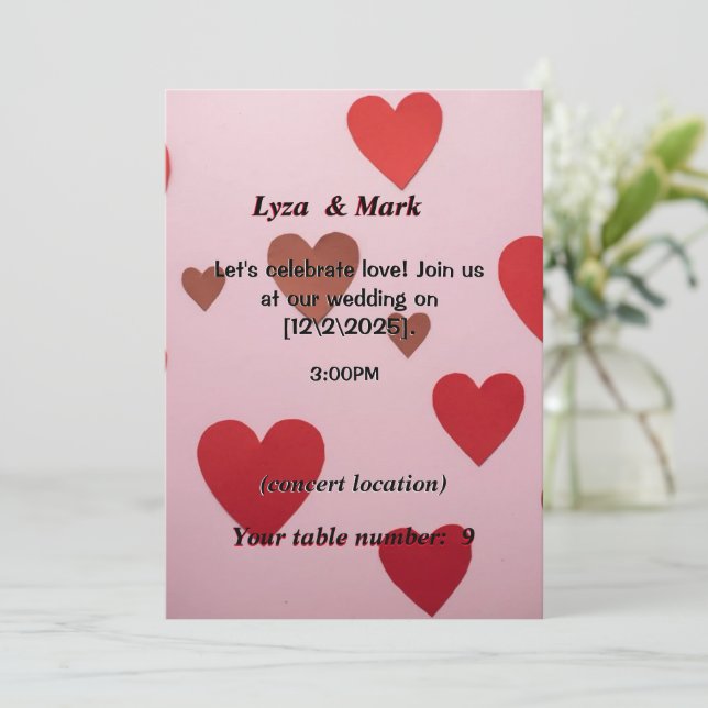 Romantic wedding invitation with red hearts (Standing Front)