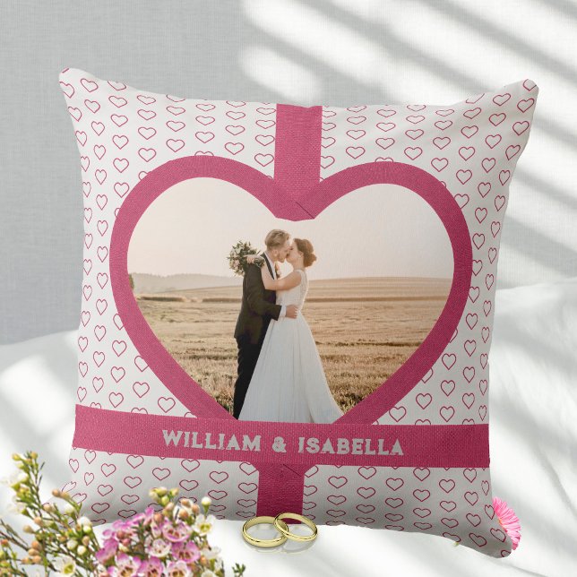 Romantic Wedding Love Photo Ribbon Heart  Gray Throw Pillow (Romantic Wedding Love Photo Ribbon Heart Gray Throw Pillow ©Susanne Sachers - Sunny Mind Design)