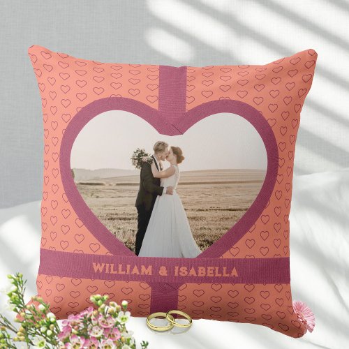 Romantic Wedding Love Photo Ribbon Heart  Peach Throw Pillow