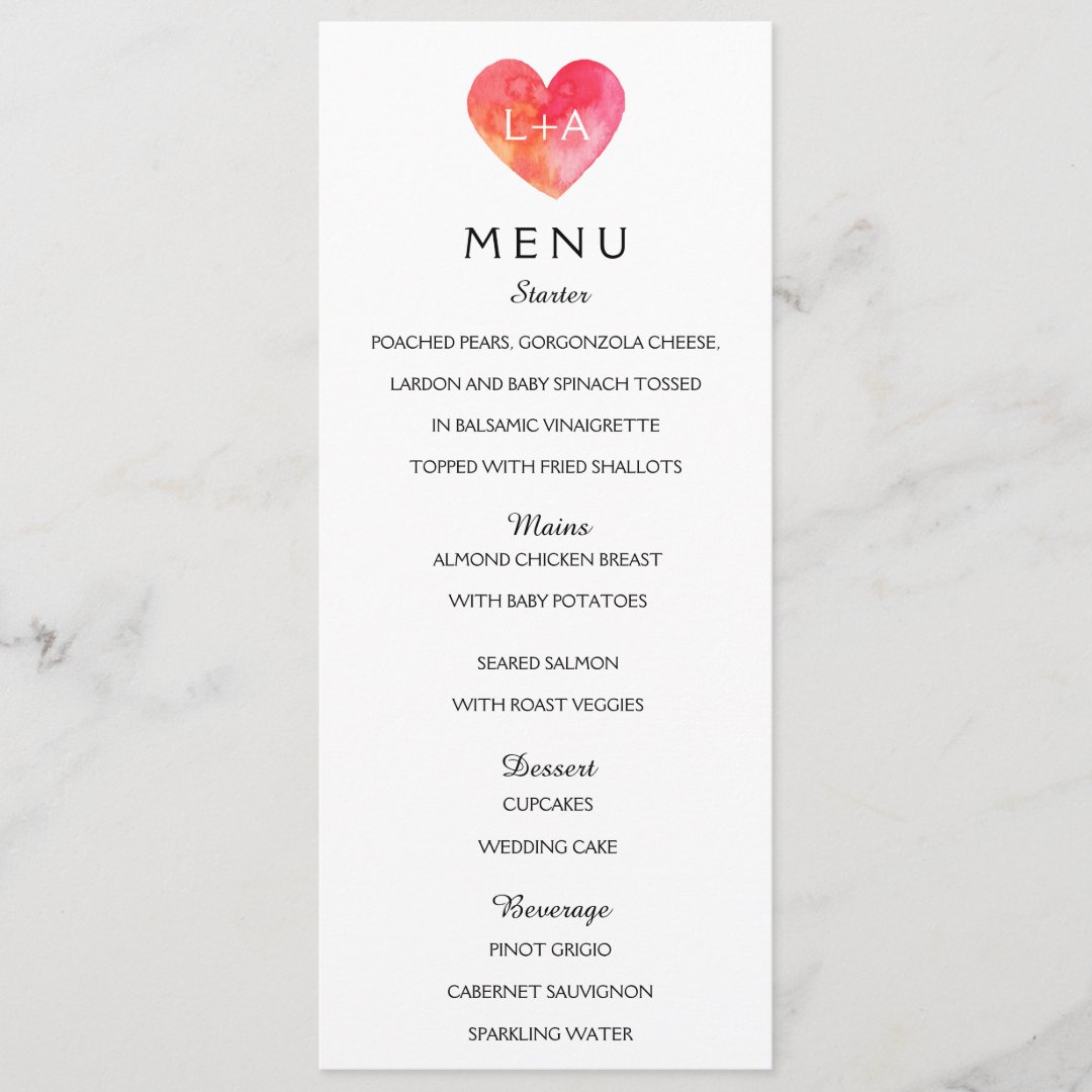 Romantic Wedding Menu heart template | Zazzle