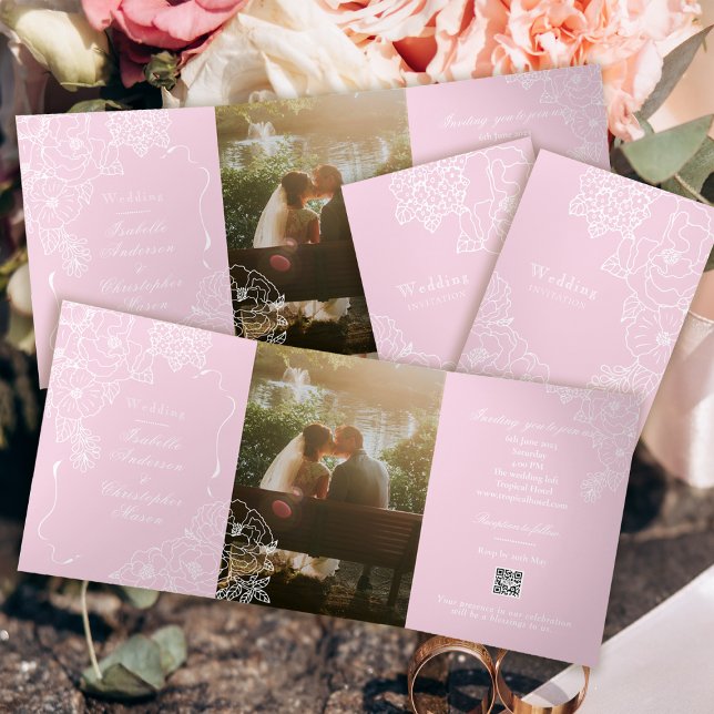 Romantic Wedding Peonies Delicate Blush Pink Tri-Fold Invitation (Creator Uploaded)