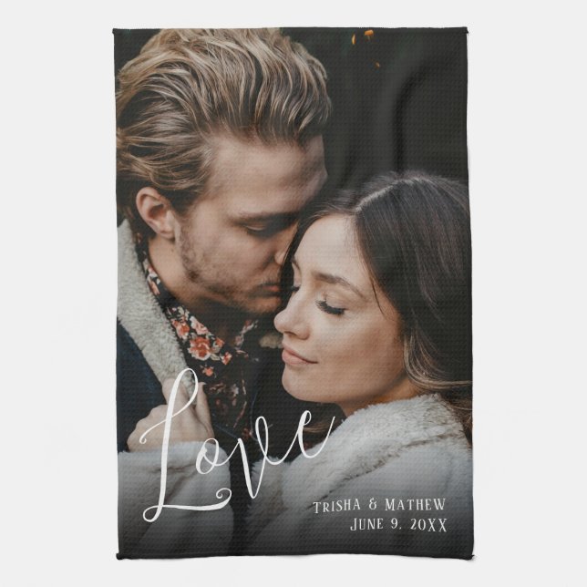 Romantic Wedding Photo, Love, Names & Date Kitchen Towel (Vertical)