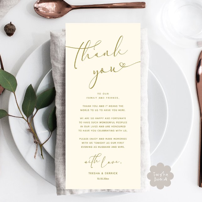 Romantic Wedding Place Setting Thank You Card (Romantic Wedding Dinner Lunch Brunch Party Place Setting Thank You Card Yellow Gold)