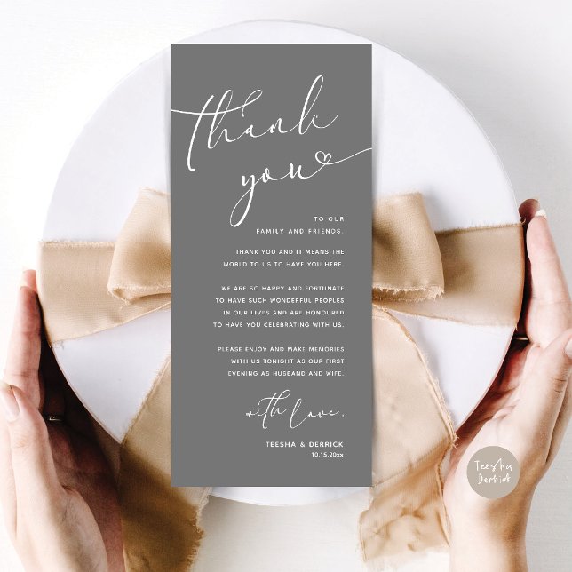 Romantic Wedding Place Setting Thank You Card (Romantic Wedding Dinner Lunch Brunch Party Place Setting Thank You Card Dark grey)