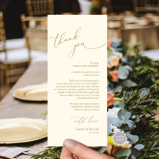 Romantic Wedding Place Setting Thank You Card (Romantic Wedding Dinner Place Setting Thank You Card, Plate Decor, in Classy Gold)