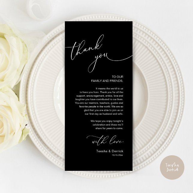 Romantic Wedding Place Setting Thank You Card (Modern Romantic Wedding Lunch, Brunch, Dinner Place Setting Thank You Card, in Classy Black)