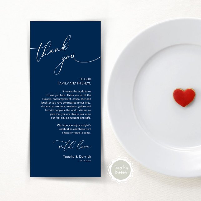 Romantic Wedding Place Setting Thank You Card (Modern Romantic Wedding Lunch, Brunch, Dinner Place Setting Thank You Card, in Navy Blue)
