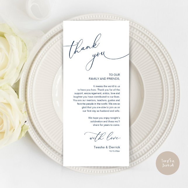 Romantic Wedding Place Setting Thank You Card (Modern Romantic Wedding Lunch, Brunch, Dinner Place Setting Thank You Card, in Navy Blue)