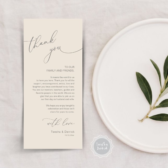 Romantic Wedding Place Setting Thank You Card (Modern Romantic Wedding Lunch, Brunch, Dinner Place Setting Thank You Card, in Cream Grey)