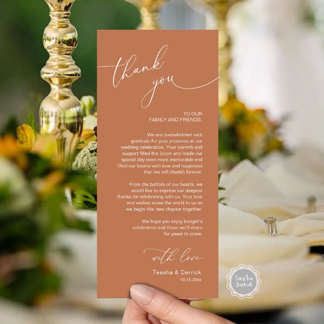 Romantic Wedding Place Setting Thank You Card (Wedding Dinner Place Setting Thank You Card, Modern Romantic Script, in Copper)
