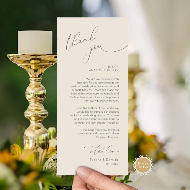 Romantic Wedding Place Setting Thank You Card (Wedding Dinner Place Setting Thank You Card, Modern Romantic Script, in Dark Grey and Cream)