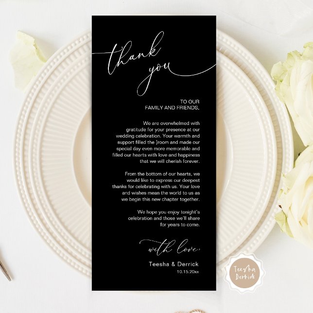 Romantic Wedding Place Setting Thank You Card (Wedding Dinner Place Setting Thank You Card, Modern Romantic Script, in black and white)