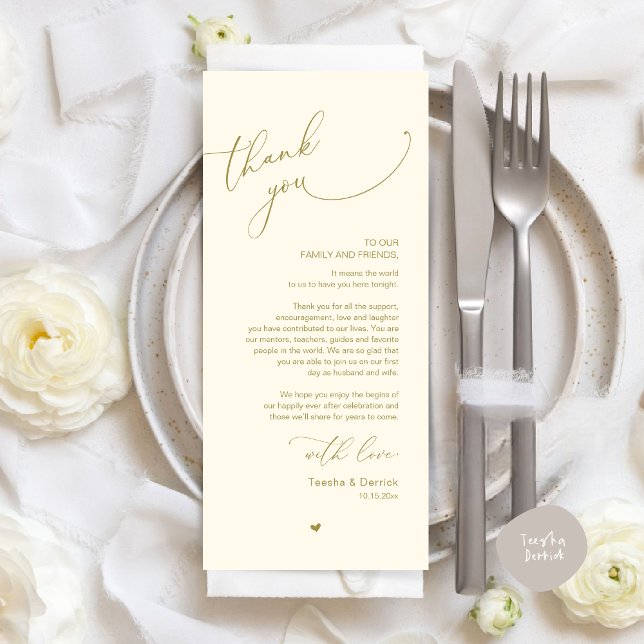 Romantic Wedding Place Setting Thank You Card (Modern Romantic Wedding Dinner Place Setting Thank You Card, Plate Decor, in Retro Yellow Gold)