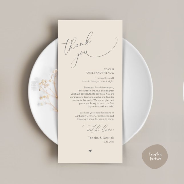 Romantic Wedding Place Setting Thank You Card (Modern Romantic Wedding Dinner Place Setting Thank You Card, Plate Decor, in Dark Grey and Cream)