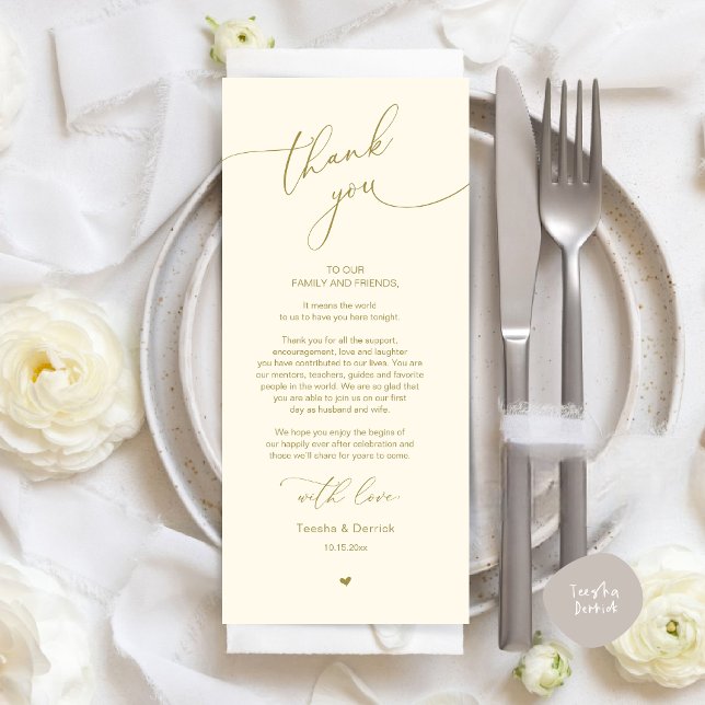 Romantic Wedding Place Setting Thank You Card (Modern Romantic Wedding Dinner Place Setting Thank You Card, Plate Decor, in Retro Yellow Gold)