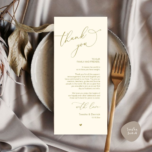 Romantic Wedding Place Setting Thank You Card (Modern Romantic Wedding Dinner Place Setting Thank You Card, Plate Decor, in Retro Yellow Gold)